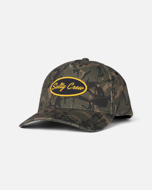 Front view of the Upstream Snapback - Olive Camo. 