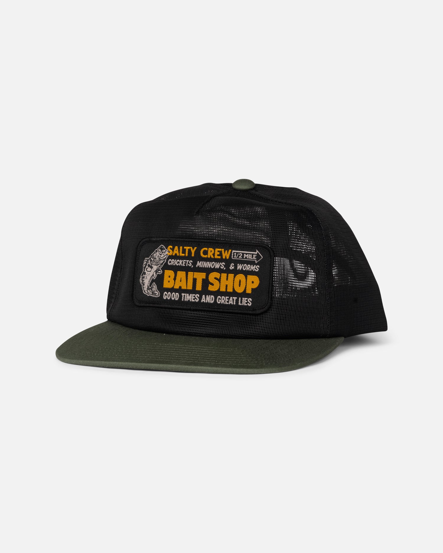 Front view of the Bait Shop Trucker - Green/Black.