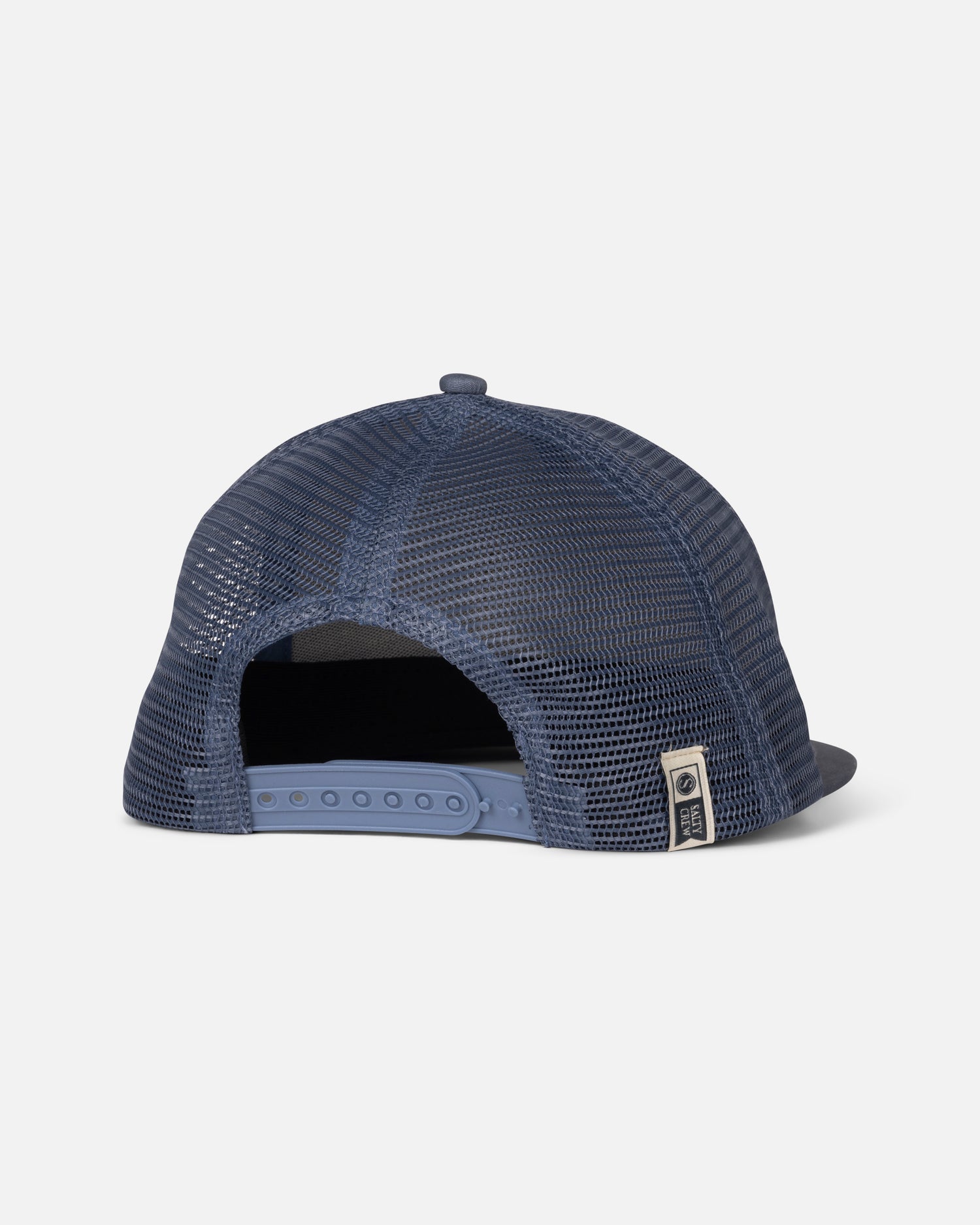 The Salty Crew Archway Boys Trucker in Pilot Blue is shown from the back, featuring a blue mesh-back, adjustable snapback closure, and a small rectangular fabric tag near the opening.