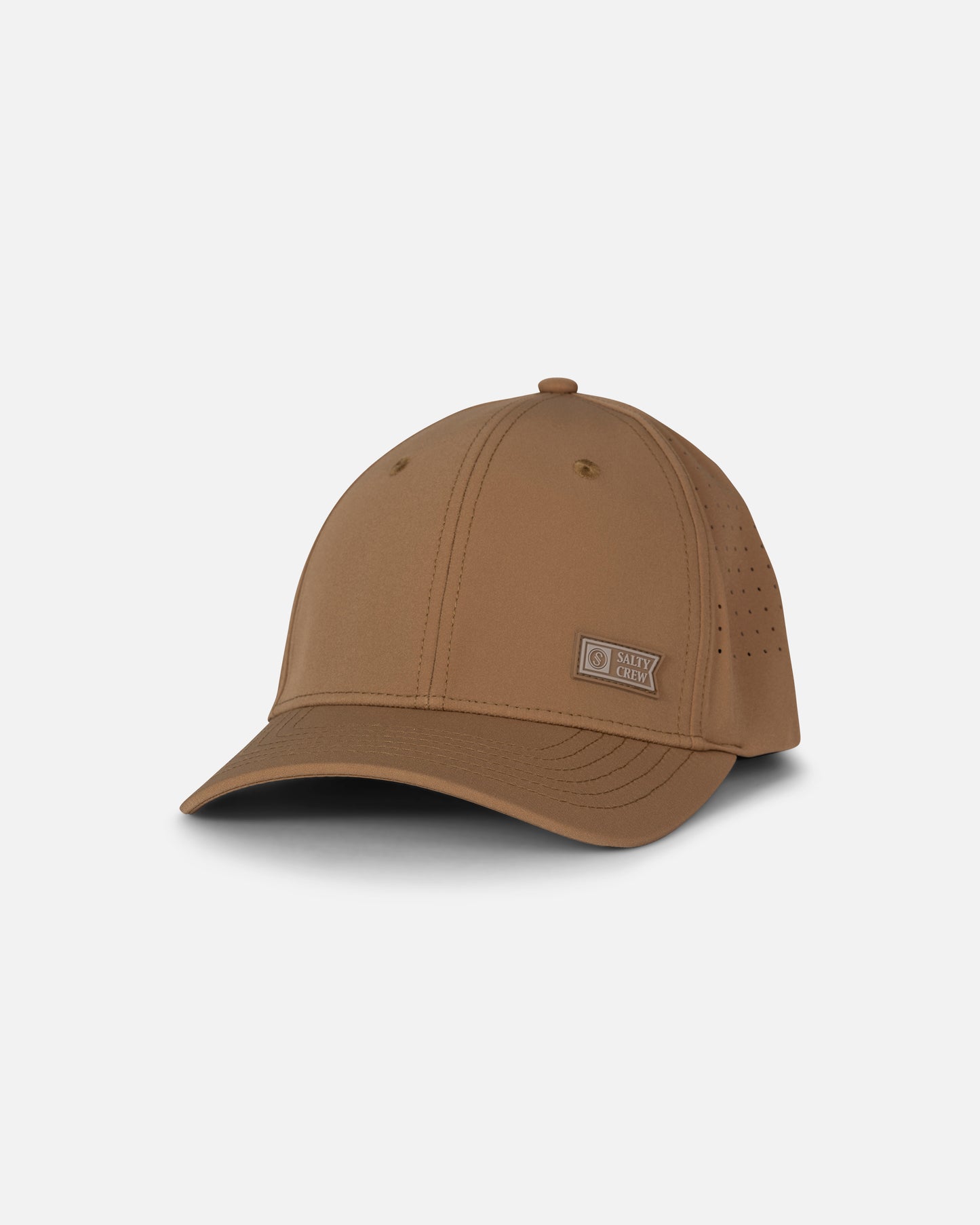 The Salty Crew Lowdown Snapback - Twig is a brown polyester structured snapback cap featuring a curved brim and a small rectangular patch on the front, shown against a plain white background.
