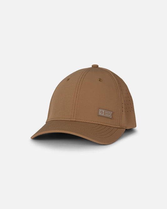 The Salty Crew Lowdown Snapback - Twig is a brown polyester structured snapback cap featuring a curved brim and a small rectangular patch on the front, shown against a plain white background.