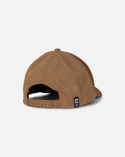 The Salty Crew Lowdown Snapback - Twig is a brown polyester structured snapback cap shown from the back, featuring perforated holes for ventilation, an adjustable snapback strap, and a small black and white tag on the left side.