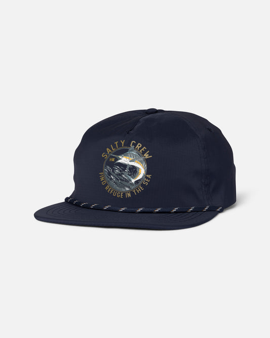 Front view of the Bow Line Snapback - Navy. 