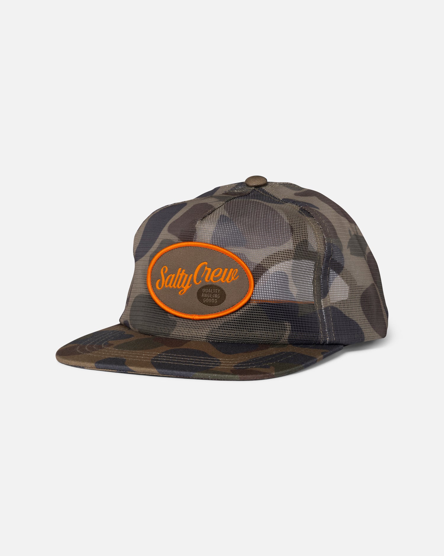 Front view of the Netting Mesh Trucker - Sand Camo. 