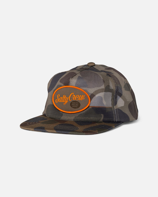 Front view of the Netting Mesh Trucker - Sand Camo. 