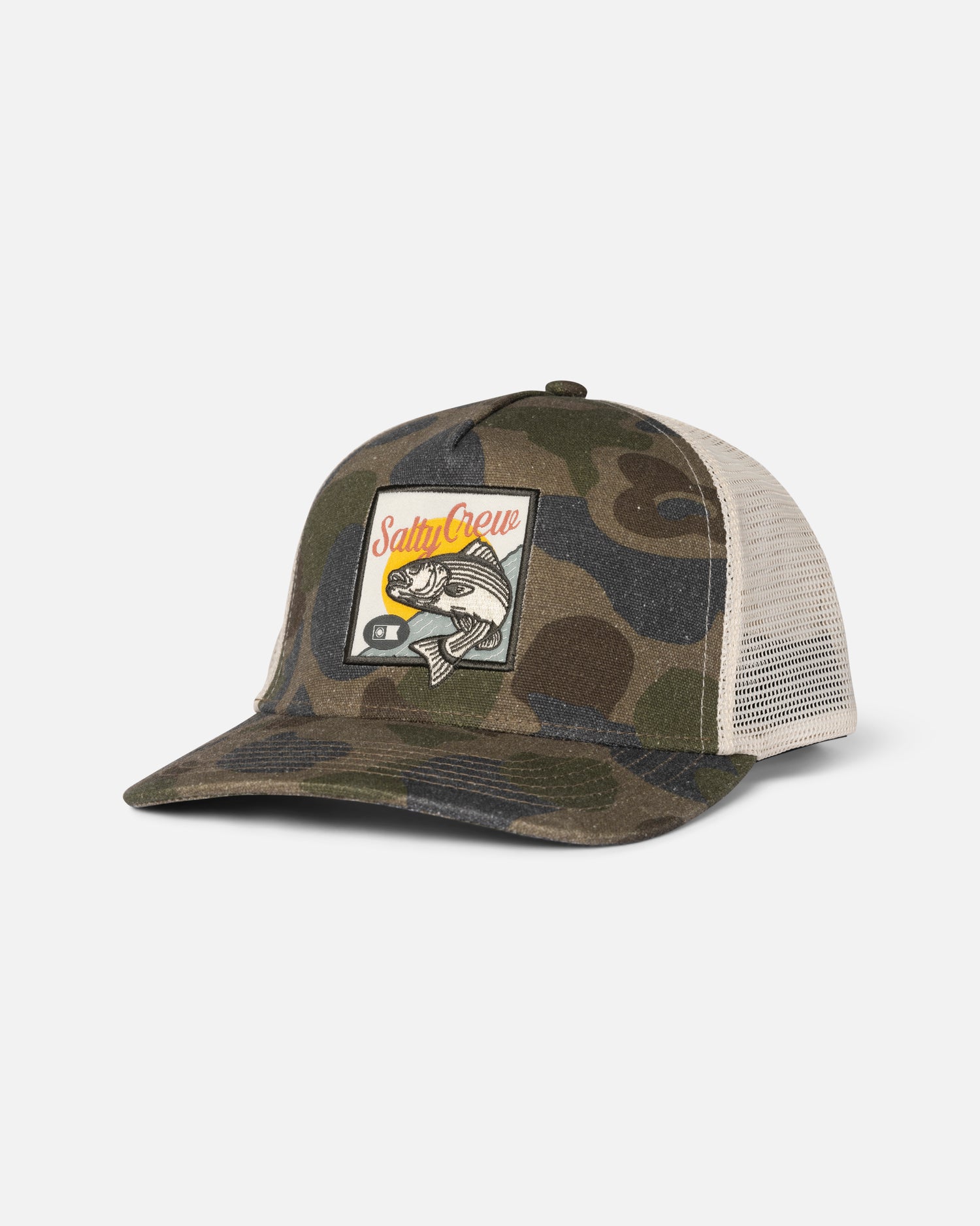 Front view of the Striper Trucker - Sand Camo. 