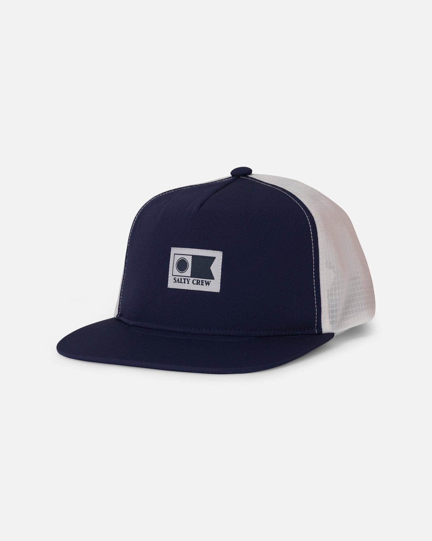 The Salty Crew Flagship Tech Trucker - Navy/Grey is a water-resistant trucker hat featuring a navy and grey colorway with a rectangular Salty Crew patch on the front. This unstructured 5-panel hat has a mesh back, flat brim, and is displayed on a white background.