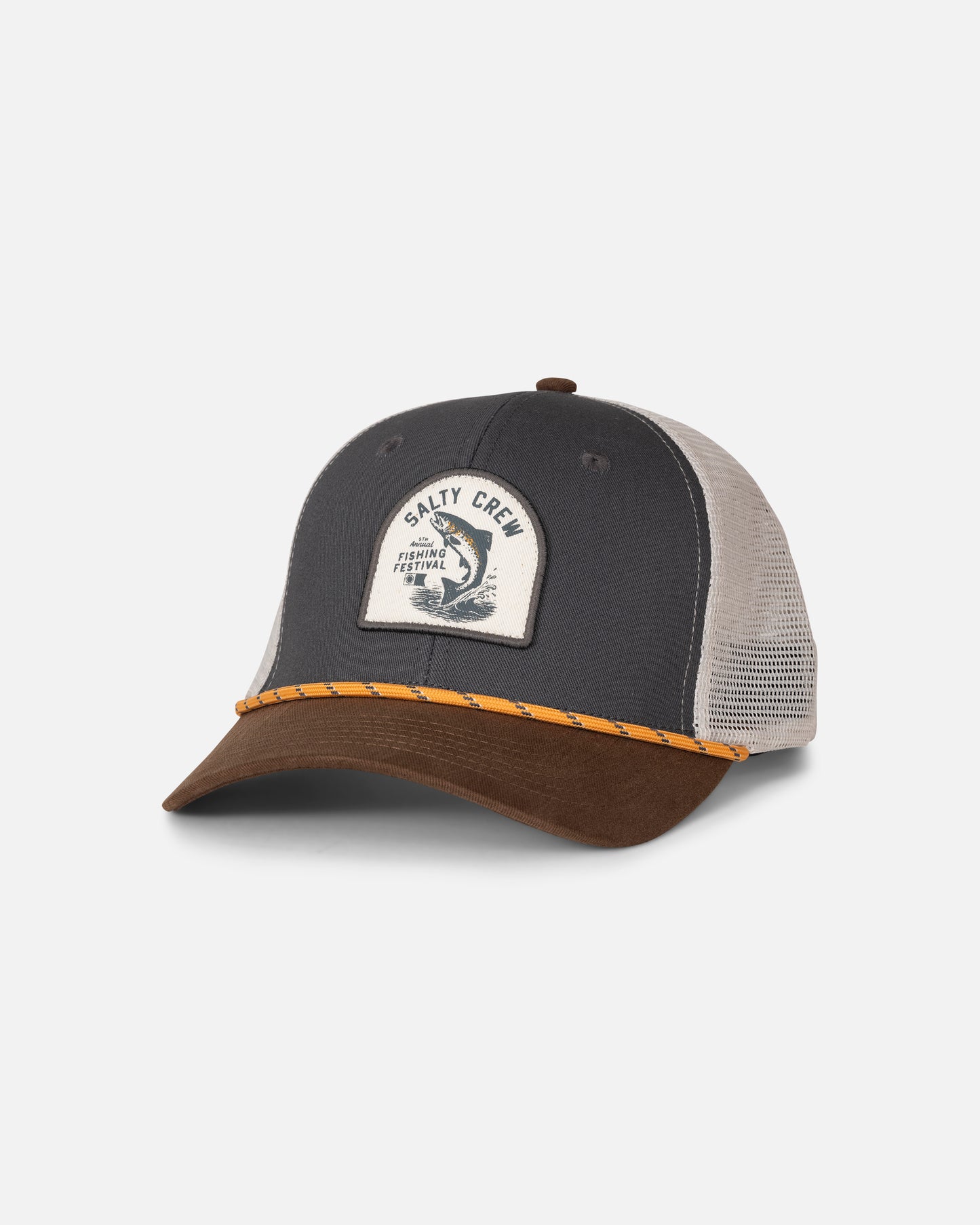The Salty Crew Fishing Club Trucker - Grey/Brown is a mesh trucker snapback hat featuring a grey cotton twill front, brown brim, yellow stitched detail, and a woven patch with “Salty Crew” and a fish graphic.