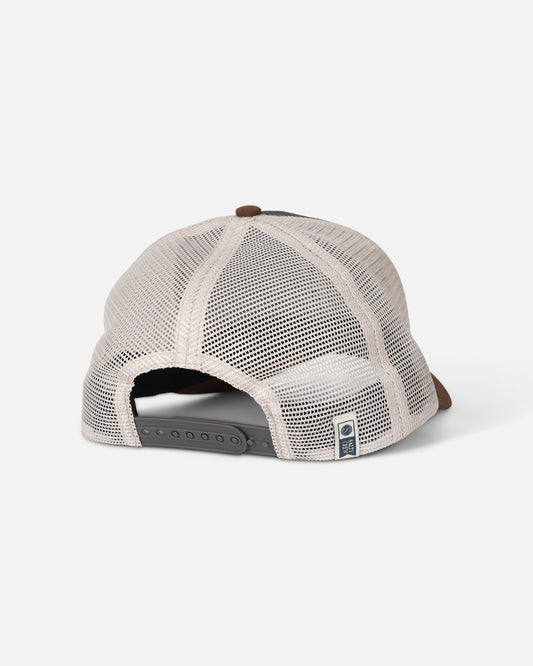 The Salty Crew Fishing Club Trucker - Grey/Brown is displayed from the rear, highlighting its beige mesh back panel, adjustable black snap closure, and a small blue and white woven patch tag near the opening. Crafted with a blend of mesh and cotton twill for comfort and durability, this classic trucker hat embodies timeless style.