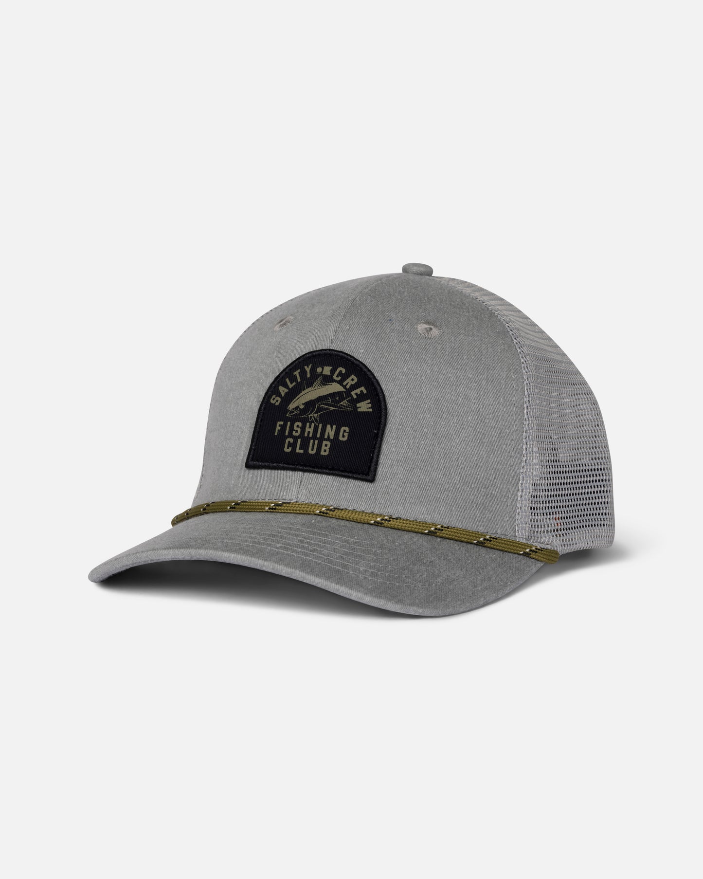Front view of the Fishing Club Trucker - Grey Heather. 
