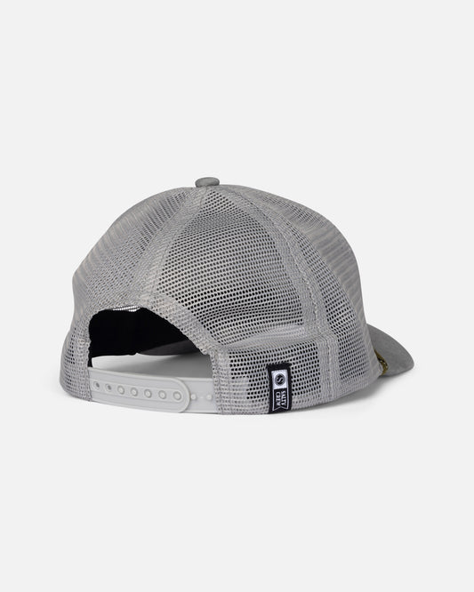 Back view of the Fishing Club Trucker - Grey Heather. 