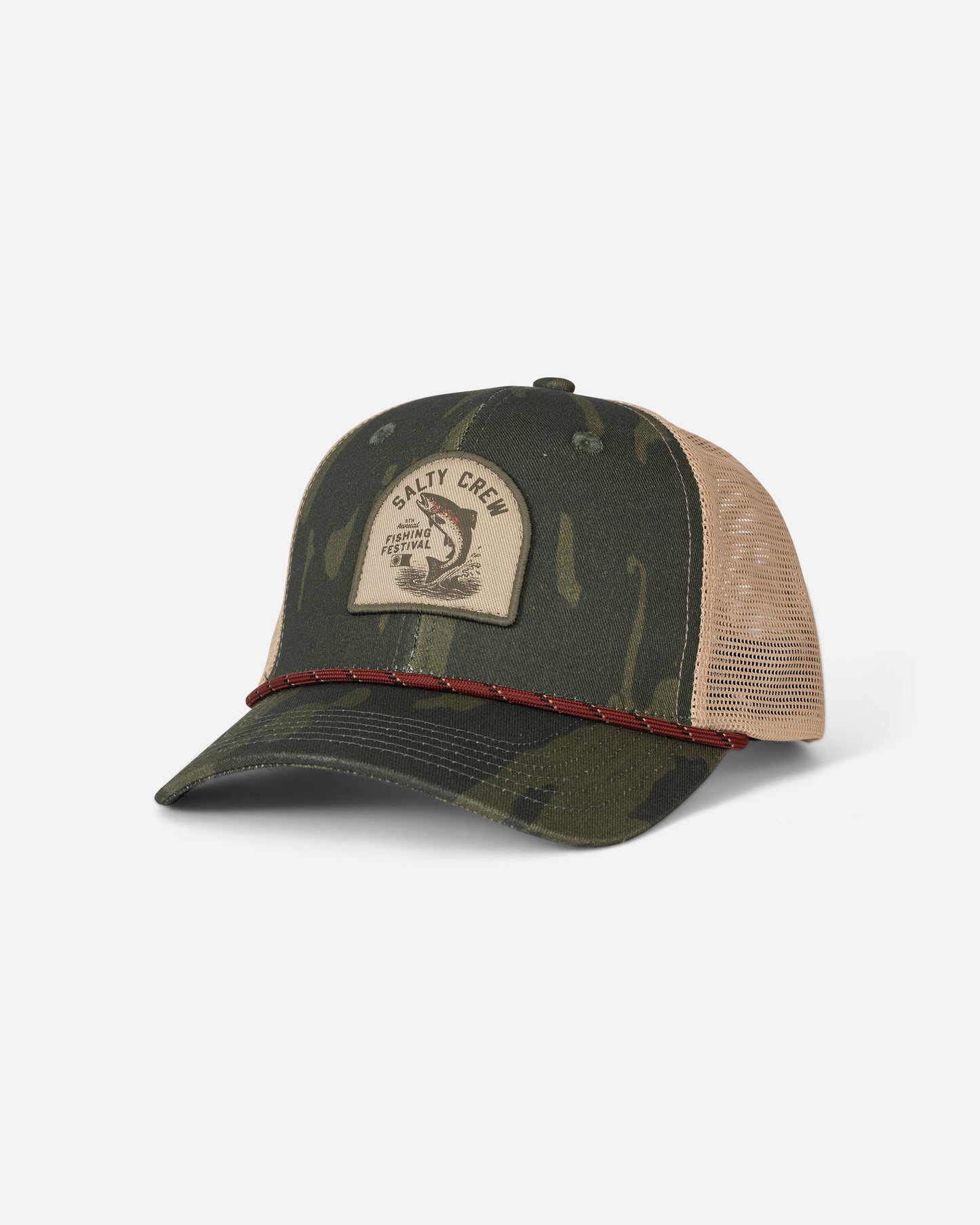 The Salty Crew Fishing Club Trucker - Ranger is a green camouflage hat featuring a beige mesh back and a front patch with the Salty Crew logo. Designed with a low crown, this trucker hat offers a curved brim accented by red stitching and an adjustable cotton snapback for comfort.