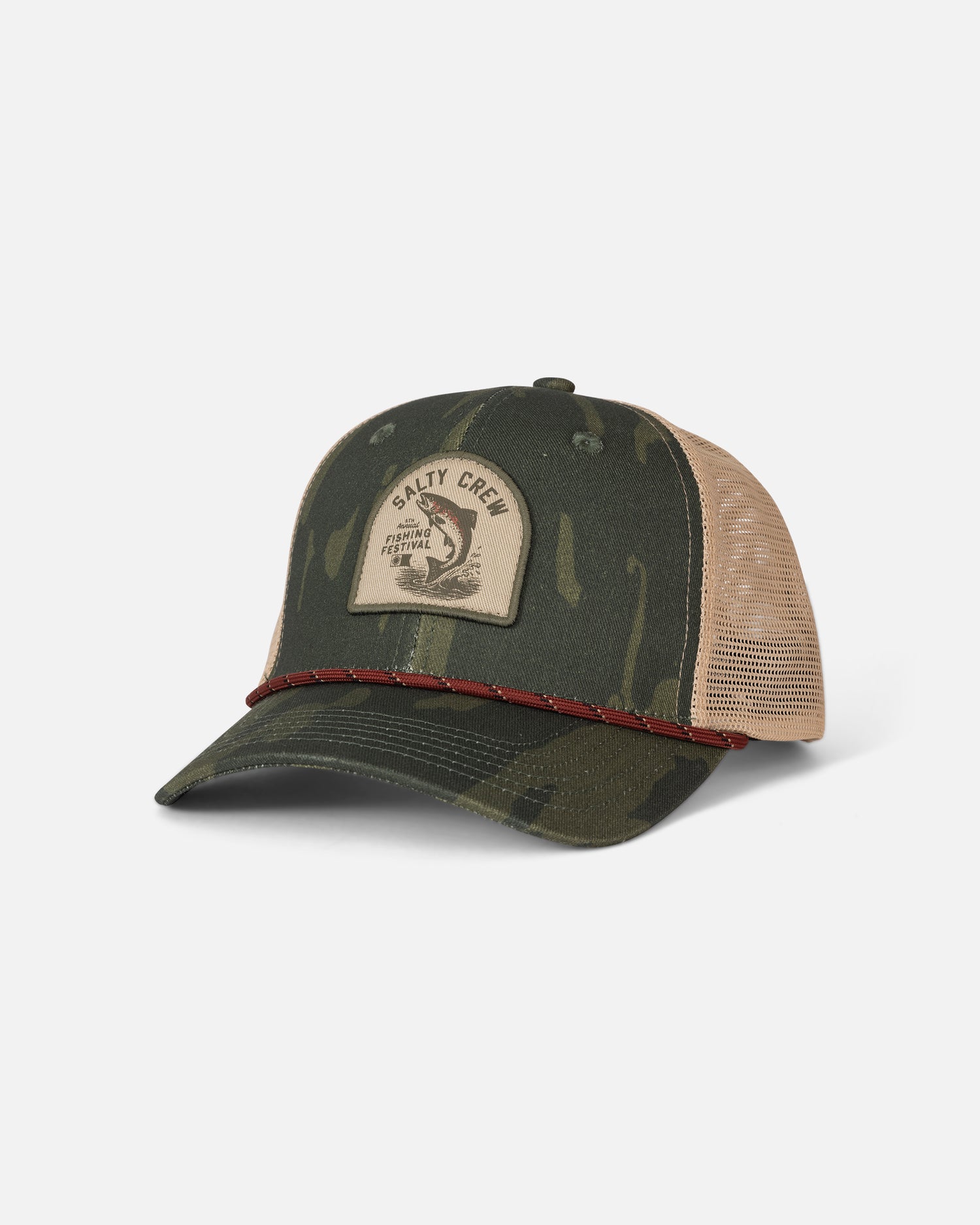 The Salty Crew Fishing Club Trucker - Ranger is a green camouflage hat featuring a beige mesh back and a front patch with the Salty Crew logo. Designed with a low crown, this trucker hat offers a curved brim accented by red stitching and an adjustable cotton snapback for comfort.