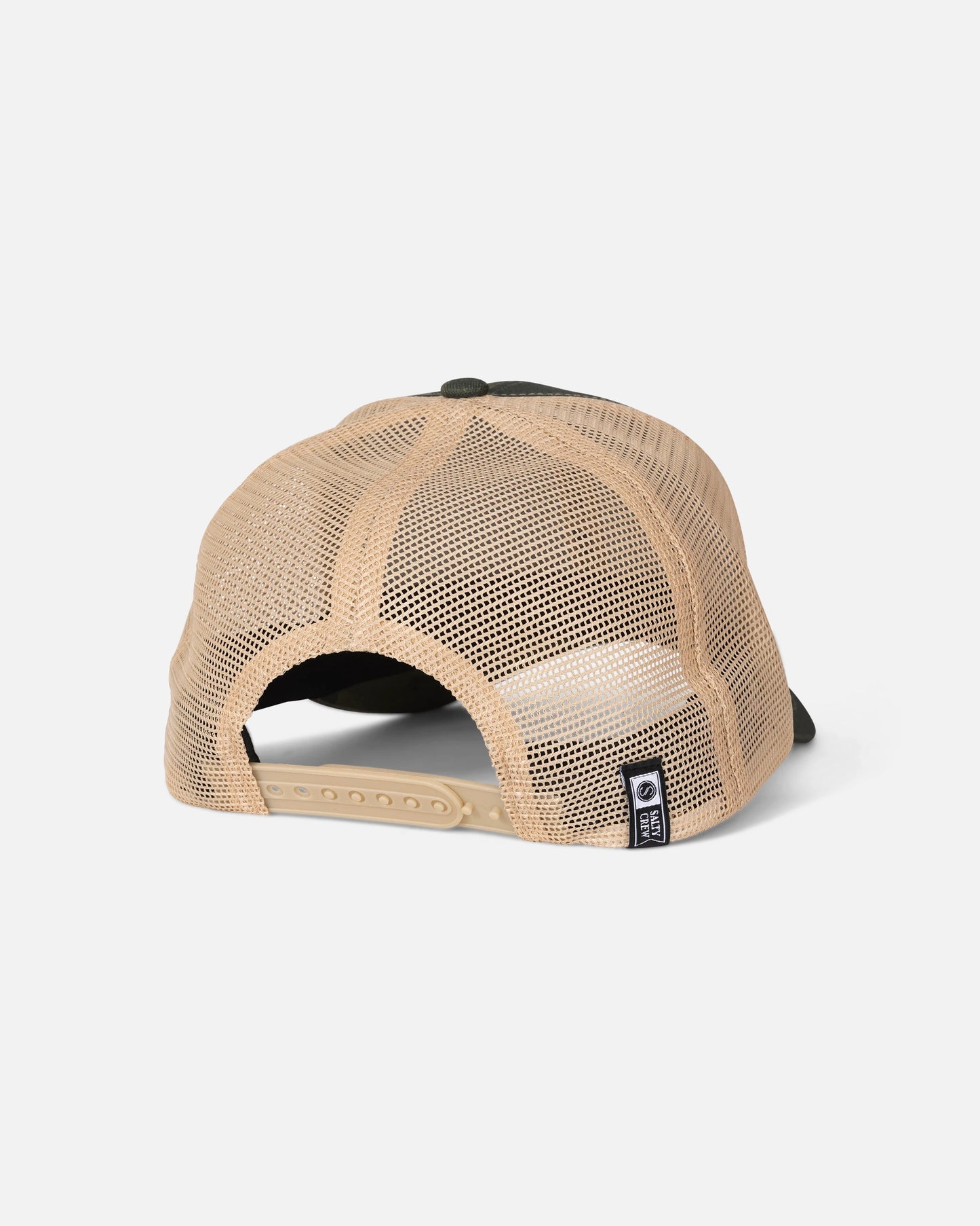 Back view of the Salty Crew Fishing Club Trucker – Ranger hat in olive green, featuring tan mesh sides and back, a cotton snapback closure, curved brim, and low crown design. A black Salty Crew brand tag is attached to the bottom right mesh panel, set against a plain light gray background.