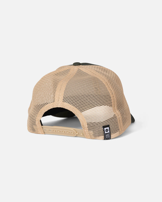 Back view of the Salty Crew Fishing Club Trucker – Ranger hat in olive green, featuring tan mesh sides and back, a cotton snapback closure, curved brim, and low crown design. A black Salty Crew brand tag is attached to the bottom right mesh panel, set against a plain light gray background.