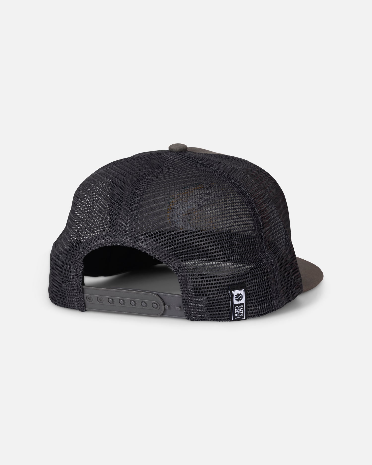 Back view of the Yellow Tailed Trucker - Dark Grey. 