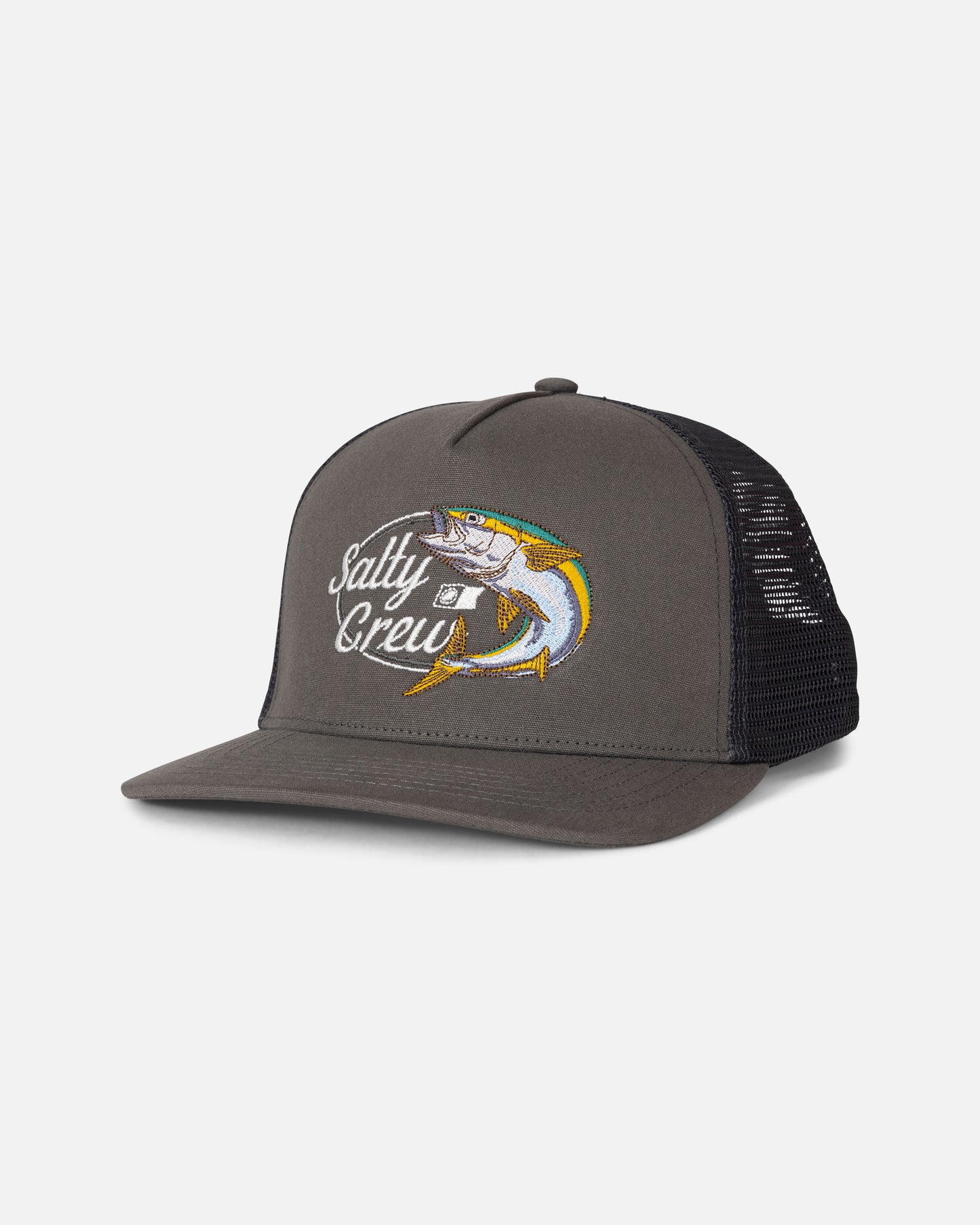 Front view of the Yellow Tailed Trucker - Dark Grey.