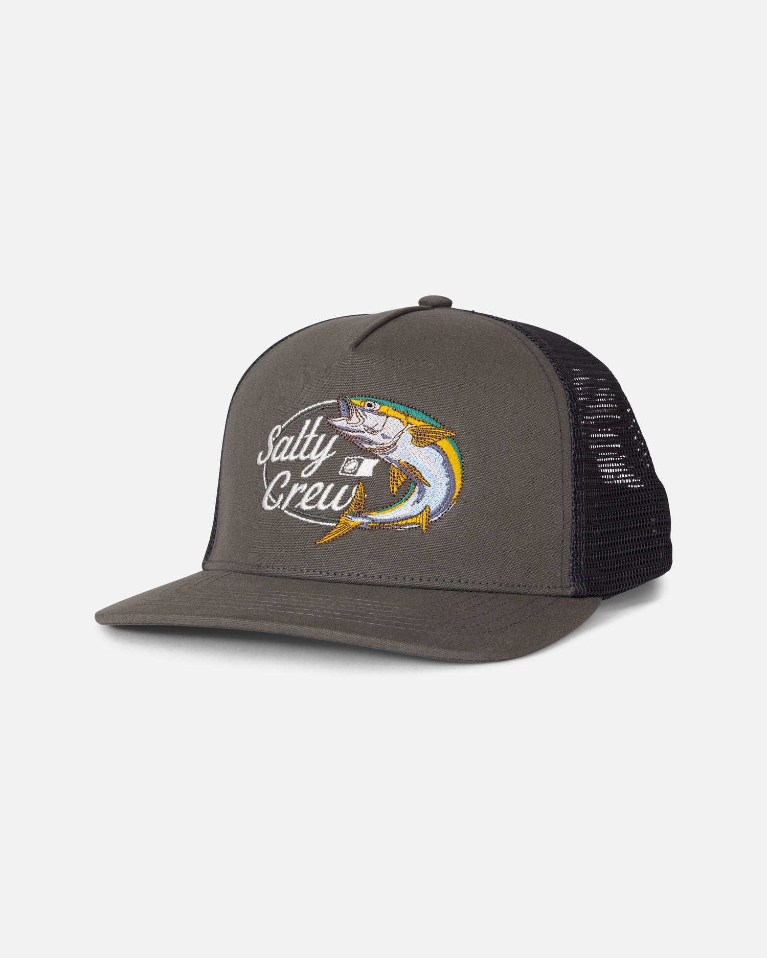 Front view of the Yellow Tailed Trucker - Dark Grey.