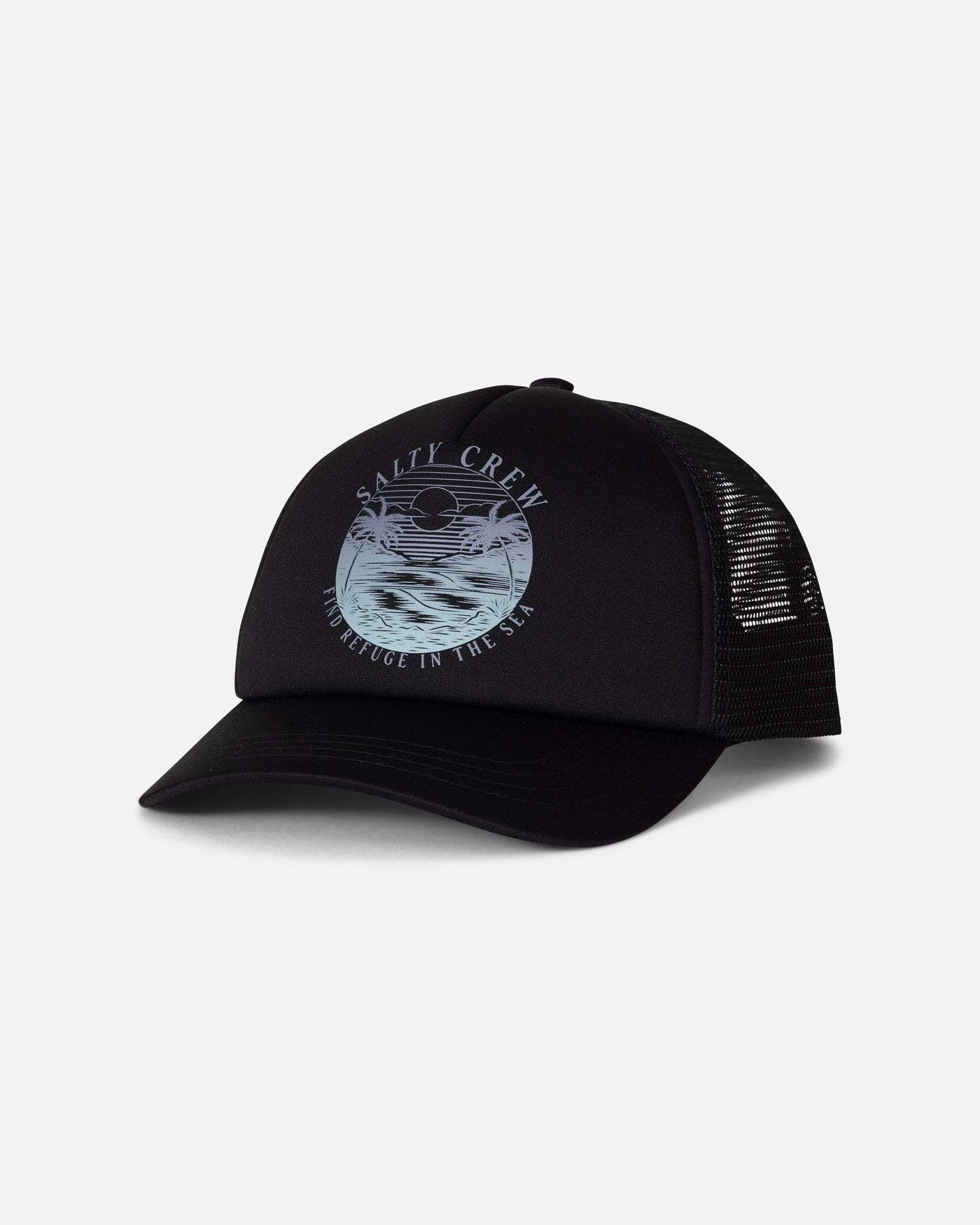 Introducing the Salty Crew Seaside Trucker - Black: this classic trucker hat features a round graphic with a sunset, palm trees, and ocean waves, along with “SALTY CREW” and “FIND REFUGE IN THE SEA” text on a solid white front. Designed for sunny days by the water, it includes a breathable mesh back for moisture-wicking comfort.