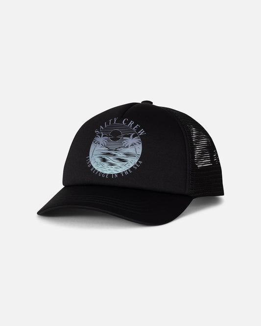 Introducing the Salty Crew Seaside Trucker - Black: this classic trucker hat features a round graphic with a sunset, palm trees, and ocean waves, along with “SALTY CREW” and “FIND REFUGE IN THE SEA” text on a solid white front. Designed for sunny days by the water, it includes a breathable mesh back for moisture-wicking comfort.