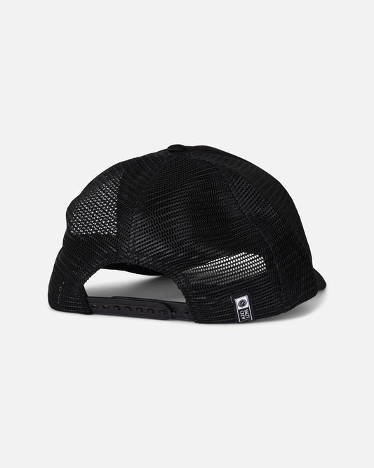 A rear view of the Salty Crew Seaside Trucker - Black hat highlights its breathable mesh back, adjustable snapback closure, and a subtle Salty Crew brand label on the back panel, all set against a plain light grey background.