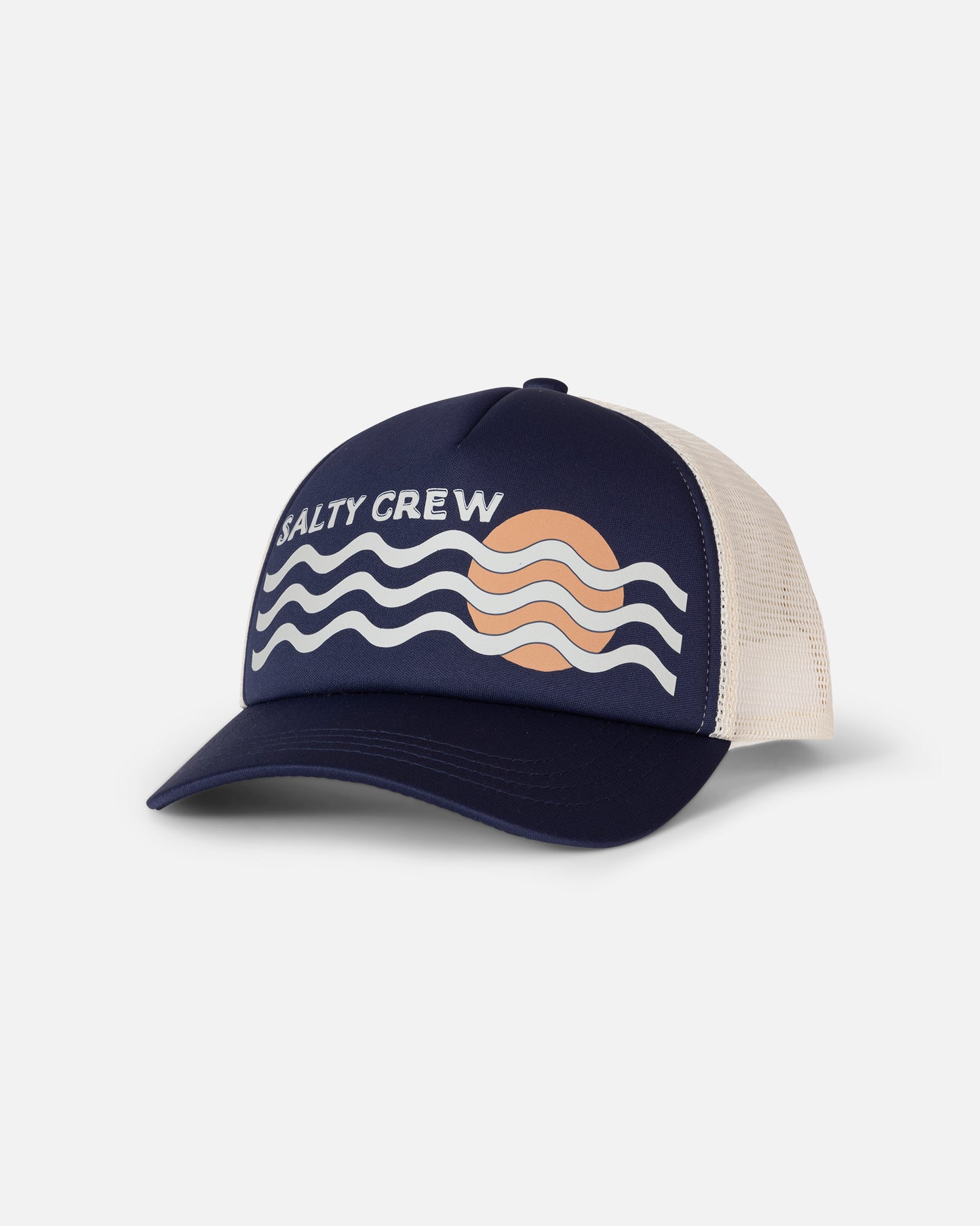A navy blue and beige Seaside Trucker hat by Salty Crew, featuring the text SALTY CREW above a graphic of white waves and an orange sun on the mesh back.