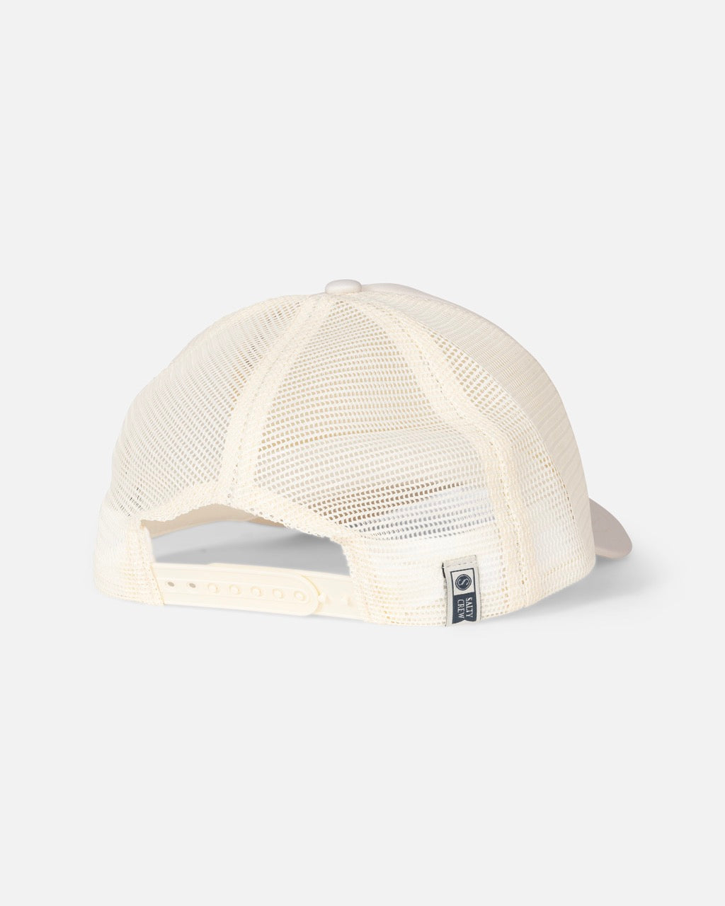 Back view of the Salty Crew Seaside Trucker - Off White, a cream-colored foamy trucker hat with a moisture-wicking mesh back, adjustable snapback closure, and a small rectangular tag near the opening.