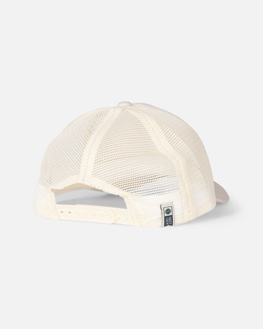 Back view of the Salty Crew Seaside Trucker - Off White, a cream-colored foamy trucker hat with a moisture-wicking mesh back, adjustable snapback closure, and a small rectangular tag near the opening.