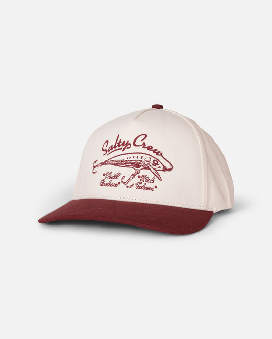 Introducing the Salty Crew Lured Trucker - Maroon: a stylish white and maroon trucker hat featuring Salty Crew branding, a fish graphic, and the phrase “Thrill Seekers & Risk Takers” on the front. Designed for comfort, it includes a snapback adjuster for a customizable fit and a moisture-wicking sweatband to keep you comfortable all day long.
