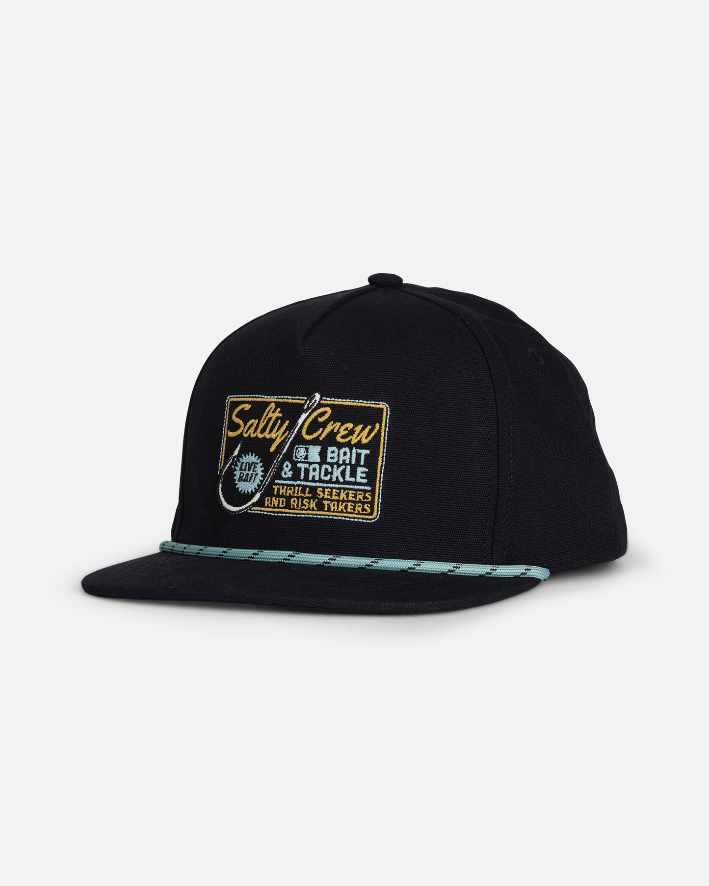 The Salty Crew Hooked Up Boys Snapback in black is a cotton 5 panel baseball cap with a flat brim, featuring a light blue rope detail along the crown. This snapback showcases an embroidered patch that reads “Salty Crew Bait & Tackle, Thrill Seekers and Risk Takers” with a fishing hook graphic.
