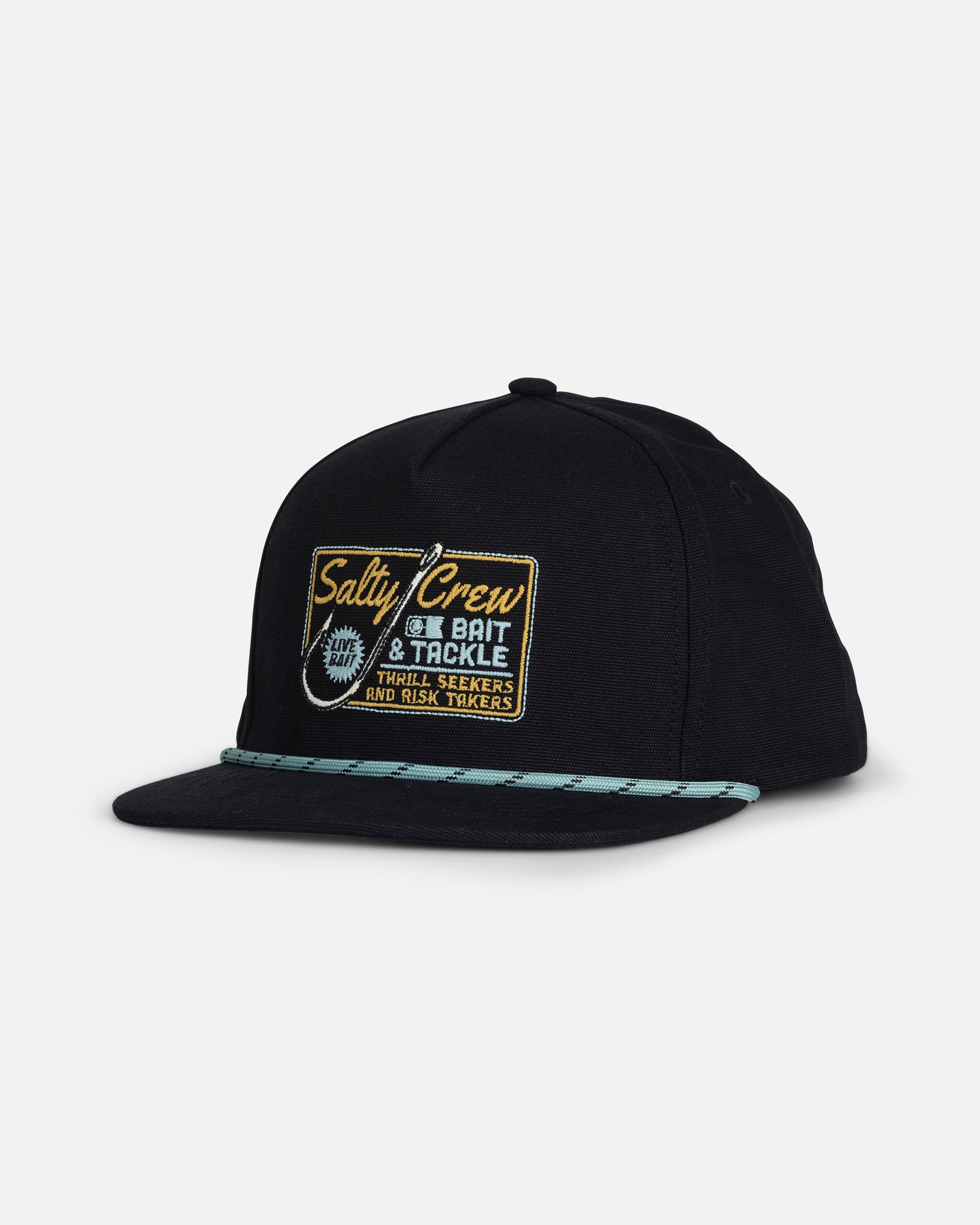 The Salty Crew Hooked Up Boys Snapback in black is a cotton 5 panel baseball cap with a flat brim, featuring a light blue rope detail along the crown. This snapback showcases an embroidered patch that reads “Salty Crew Bait & Tackle, Thrill Seekers and Risk Takers” with a fishing hook graphic.