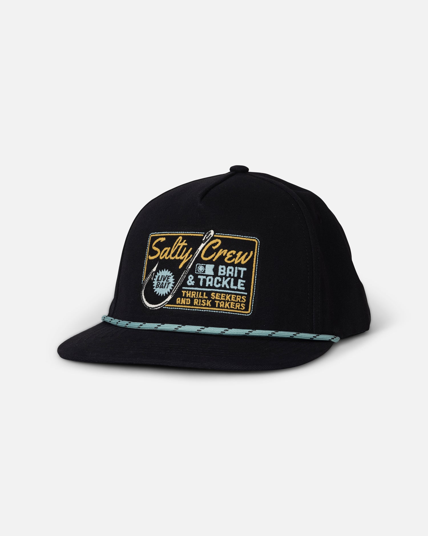 Introducing the Salty Crew Hooked Up Snapback in black—a 5 panel hat featuring an embroidered patch on the front that reads “Salty Crew Bait & Tackle,” “Thrill Seekers and Risk Takers,” along with a fishing hook graphic. This cap is finished with a flat brim and a stylish blue rope accent for added flair.