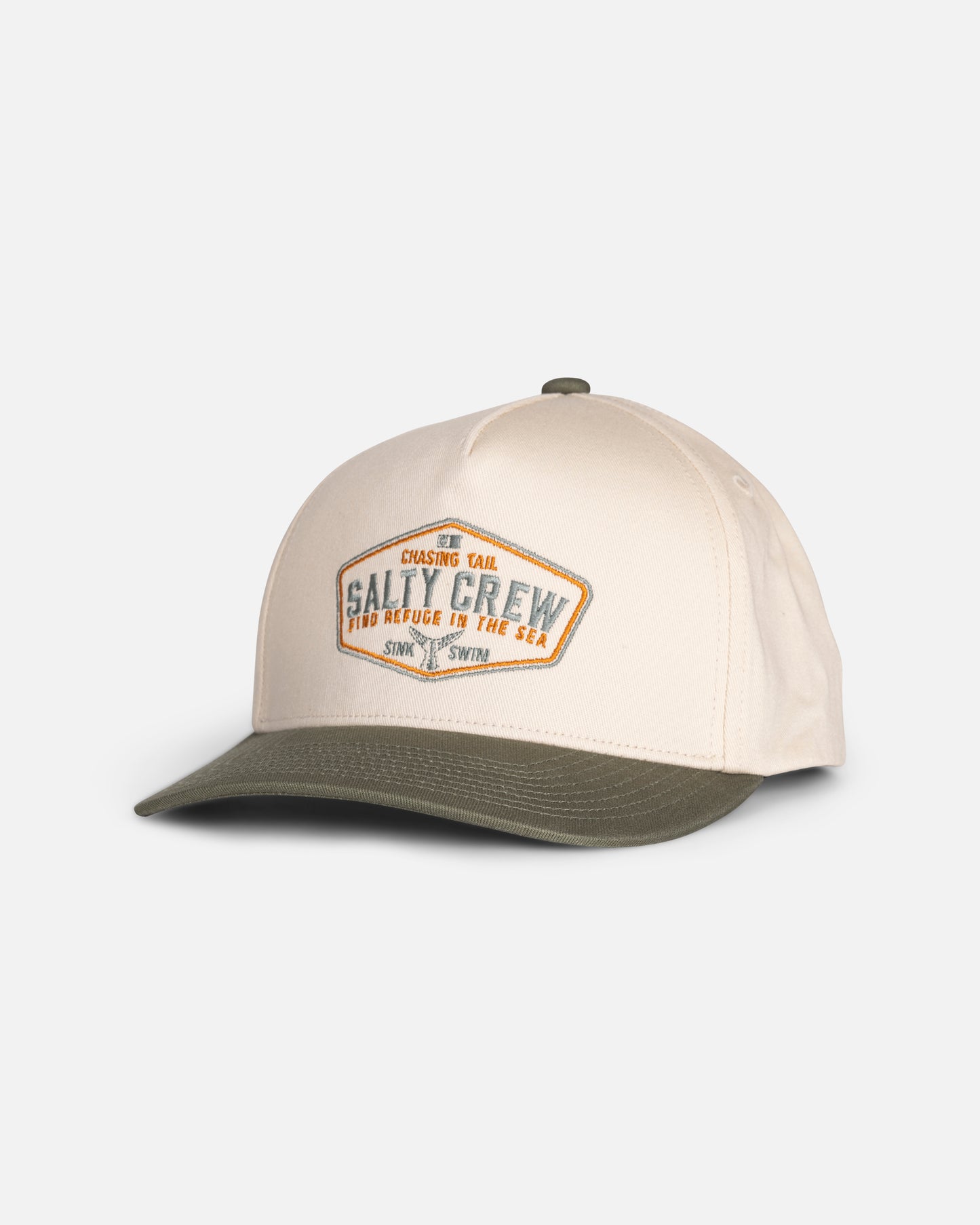 The Tailfin Boys Snapback by Salty Crew features an off white crown with a green brim, adorned with a diamond-shaped Salty Crew patch on the front and other subtle text details. Crafted from cotton in a high crown snapback style, this cap stands out against a plain white background.