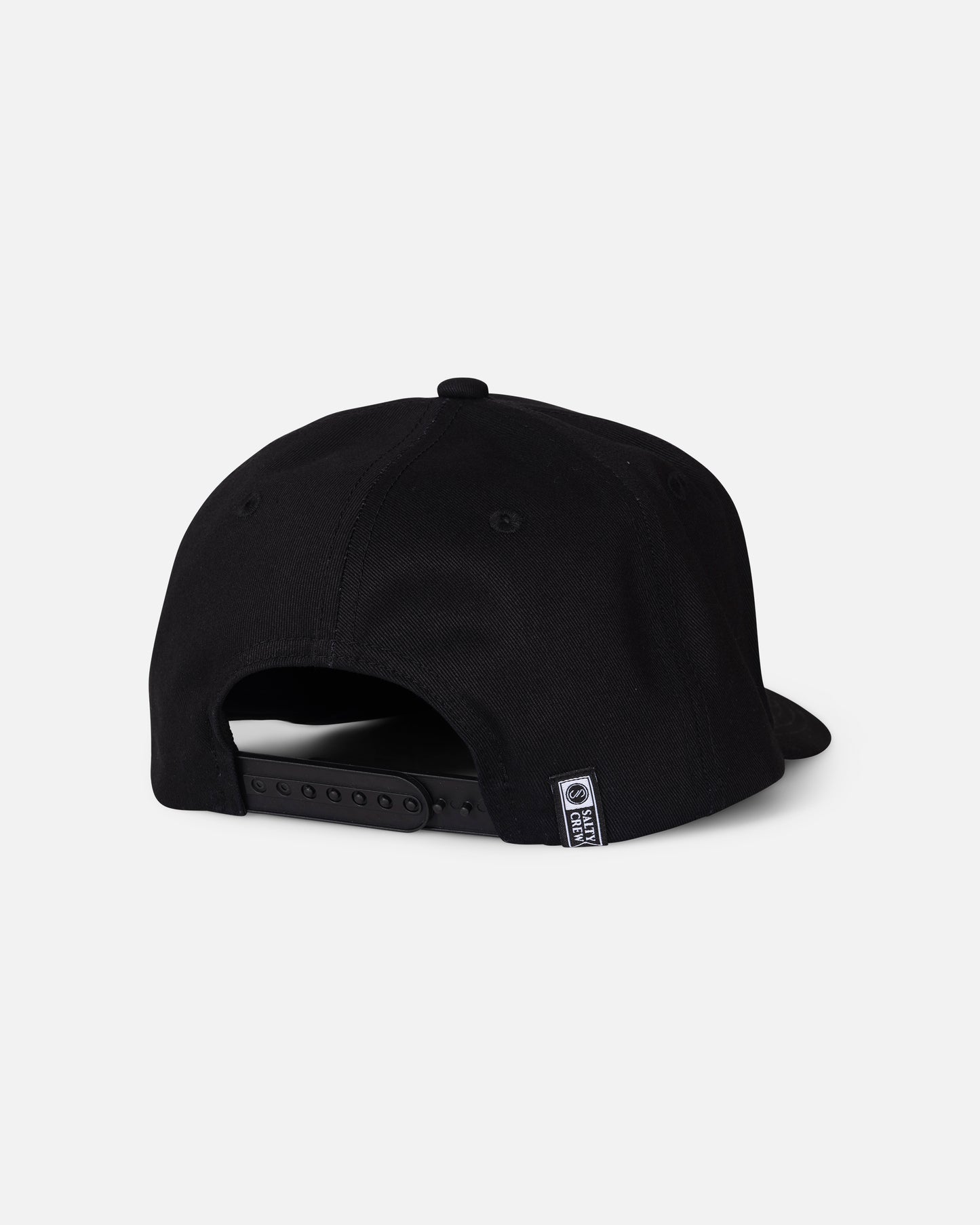 A rear view of the Salty Crew Tailfin Snapback - Black shows its high crown shape, adjustable strap, and a small woven label on the side above the back opening.