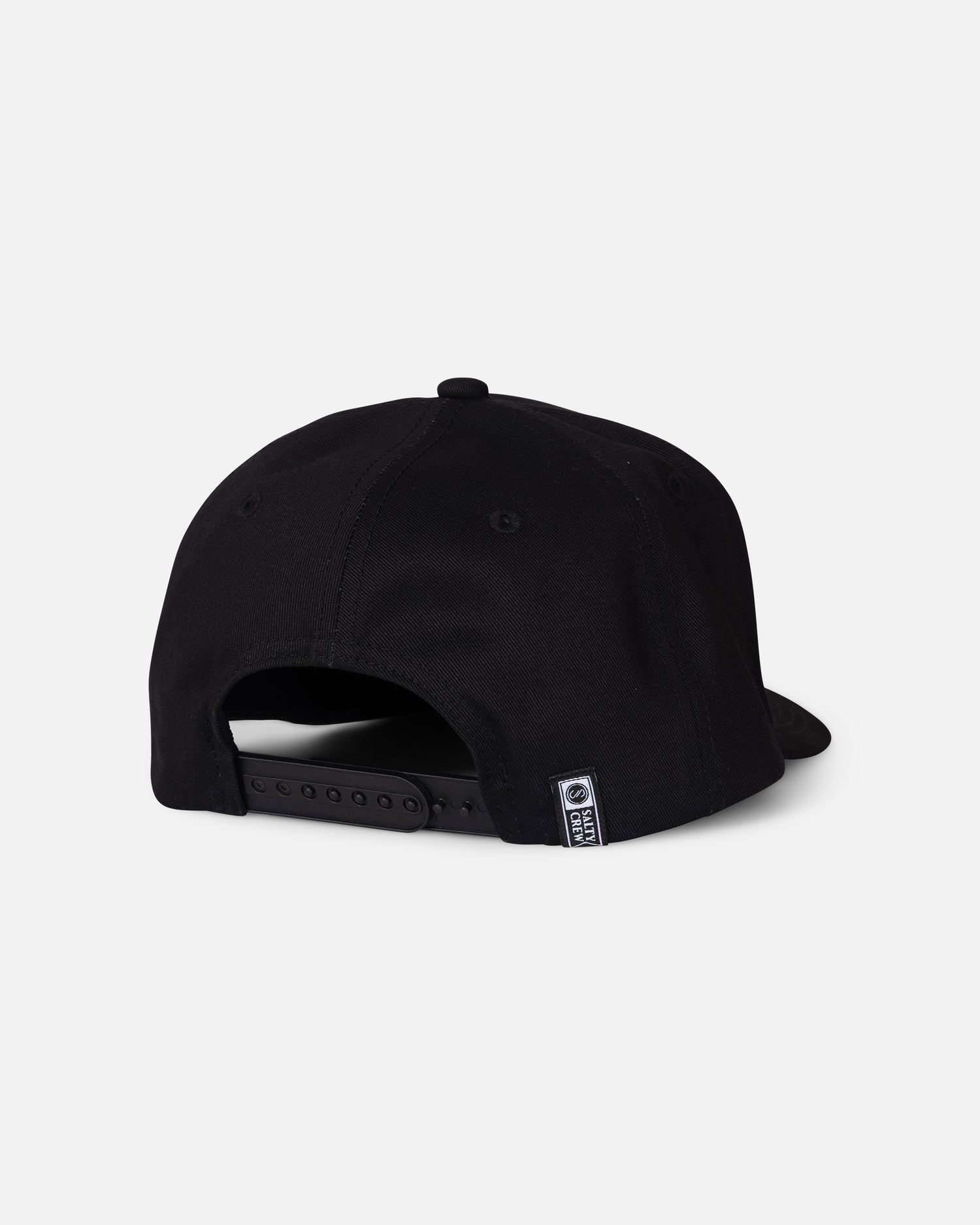 A rear view of the Salty Crew Tailfin Snapback - Black shows its high crown shape, adjustable strap, and a small woven label on the side above the back opening.