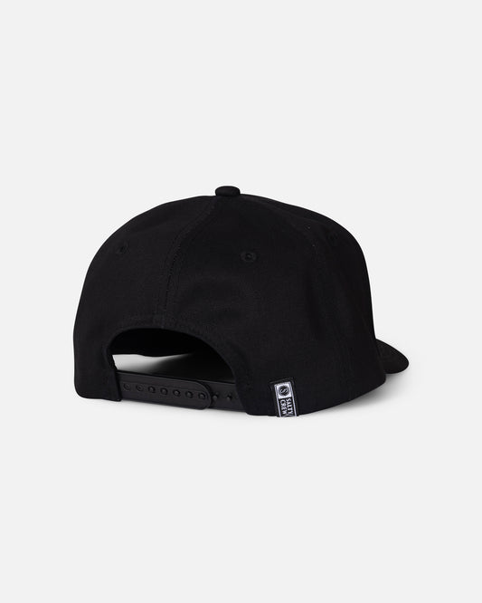 A rear view of the Salty Crew Tailfin Snapback - Black shows its high crown shape, adjustable strap, and a small woven label on the side above the back opening.