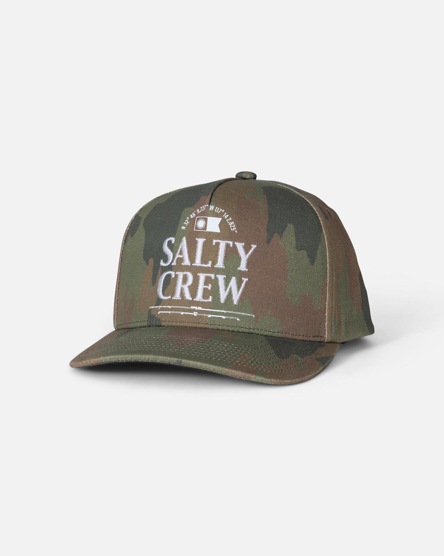 A Salty Crew Coordinates Snapback - Ranger, a camouflage cotton snapback baseball cap featuring “SALTY CREW” in white letters on the front, is displayed against a plain white background.