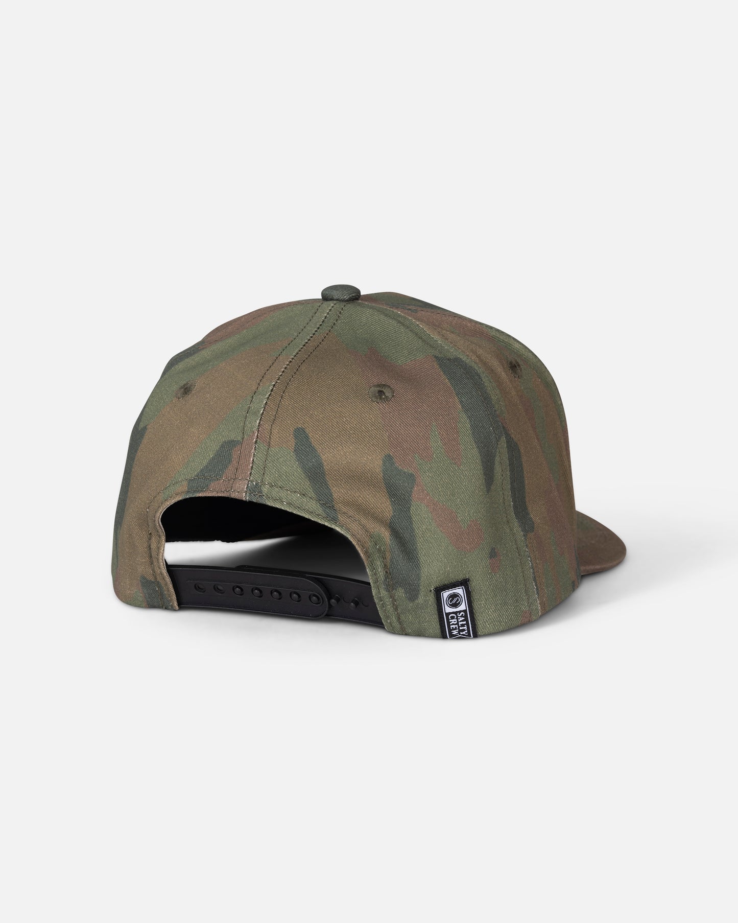 The Salty Crew Coordinates Snapback - Ranger is a high crown baseball cap in a camouflage pattern, crafted from durable cotton. Shown from the back against a plain white background, it features a black adjustable snapback closure and a small rectangular tag near the opening, blending classic style with everyday comfort.