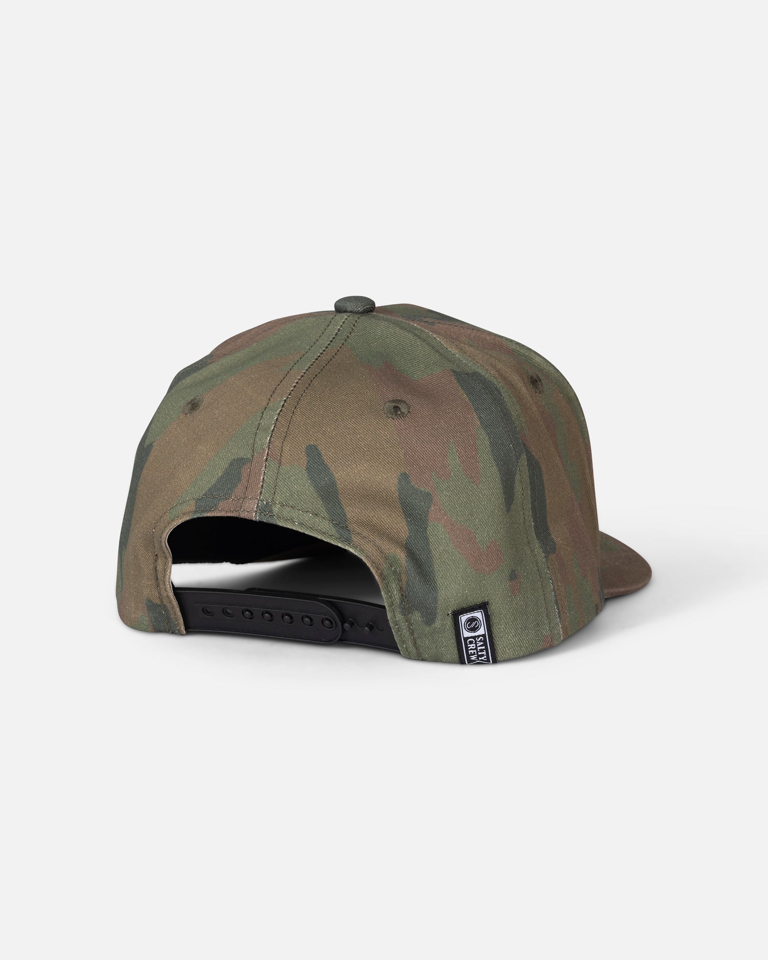 The Salty Crew Coordinates Snapback - Ranger is a high crown baseball cap in a camouflage pattern, crafted from durable cotton. Shown from the back against a plain white background, it features a black adjustable snapback closure and a small rectangular tag near the opening, blending classic style with everyday comfort.