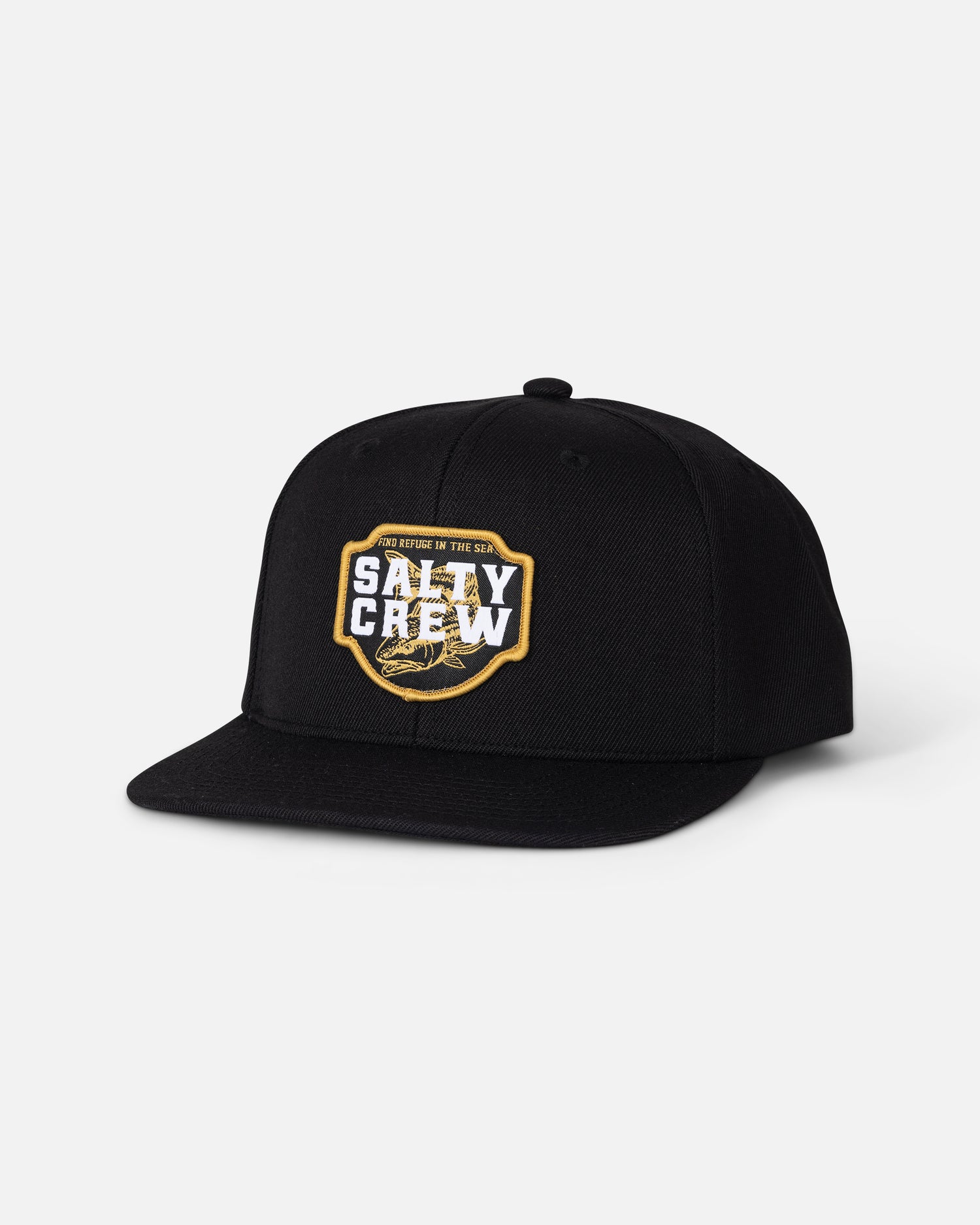 Introducing the Red Fish Snapback - Black by Salty Crew: a black structured 6-panel snapback hat with a flat brim, featuring a yellow and white woven patch on the front depicting waves alongside “The Outcasts of the Sea” slogan. Crafted from durable acrylic wool, this classic design offers both comfort and style.
