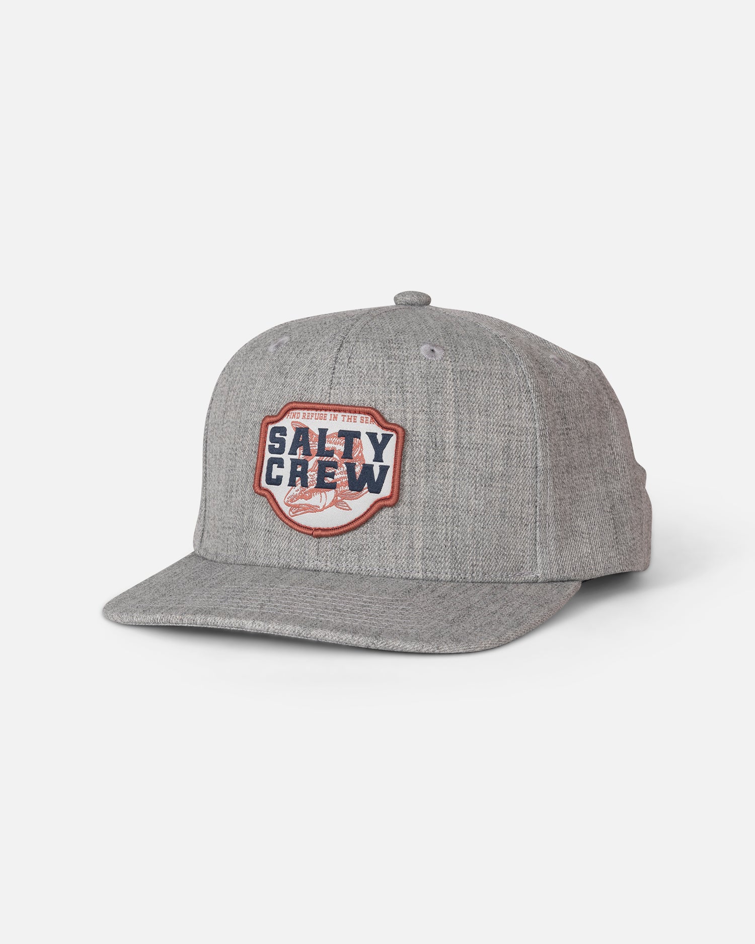 The Salty Crew Red Fish Snapback - Heather Grey is a gray acrylic wool snapback hat with a flat brim, featuring a structured 6-panel design and a Salty Crew woven patch with a wave graphic and red and blue accents on the front. The hat is displayed against a plain white background.