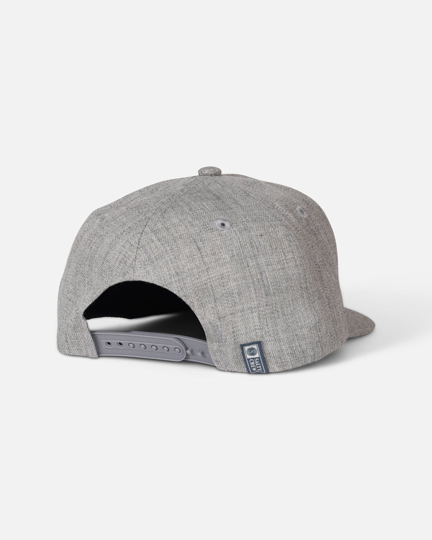 A heather grey, structured 6 panel snapback hat—the Red Fish Snapback by Salty Crew—is shown from the back, featuring an adjustable strap and a small woven label near the opening. This acrylic wool Salty Crew snapback is displayed against a plain white background.