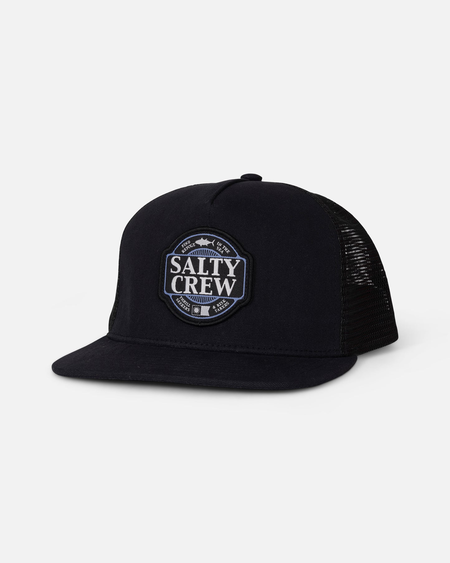 Introducing the Salty Crew Split Fill Trucker – Black: This high crown hat features a flat brim and mesh back for breathability. The front showcases a woven patch with Salty Crew branding, complete with fish and nautical design elements. Crafted from cotton, this snapback delivers comfort and style for any adventure.