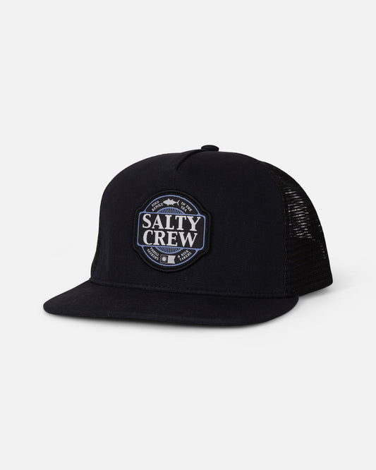 Introducing the Salty Crew Split Fill Trucker – Black: This high crown hat features a flat brim and mesh back for breathability. The front showcases a woven patch with Salty Crew branding, complete with fish and nautical design elements. Crafted from cotton, this snapback delivers comfort and style for any adventure.