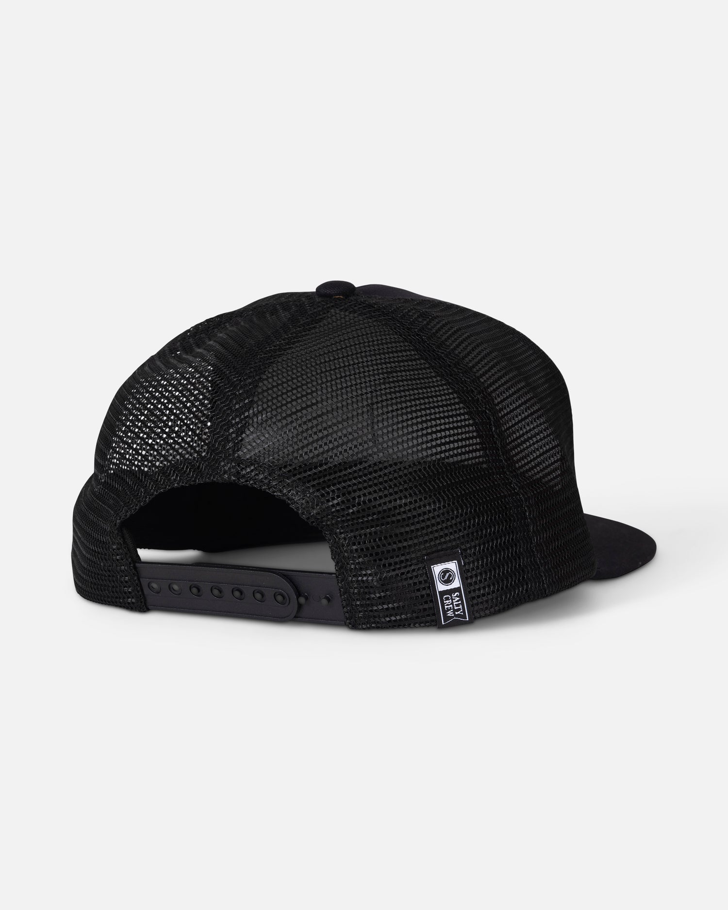 The Salty Crew Split Fill Trucker - Black is displayed from the back, showcasing its adjustable cotton snapback closure and a small white rectangular tag with black text near the strap.