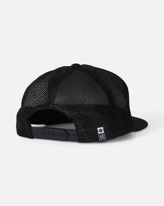 The Salty Crew Split Fill Trucker - Black is displayed from the back, showcasing its adjustable cotton snapback closure and a small white rectangular tag with black text near the strap.