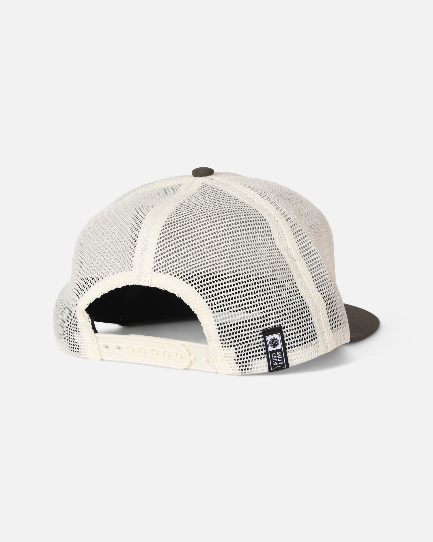 The Salty Crew Split Fill Trucker - Off White/Green is a high crown, 5 panel hat featuring a mesh back and an adjustable cotton snapback closure, displayed from the rear. Its dark bill contrasts with the off white panels, and a small black tag is attached near the opening. The hat is set against a white background.
