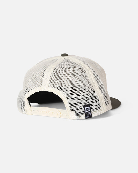 The Salty Crew Split Fill Trucker - Off White/Green is a high crown, 5 panel hat featuring a mesh back and an adjustable cotton snapback closure, displayed from the rear. Its dark bill contrasts with the off white panels, and a small black tag is attached near the opening. The hat is set against a white background.