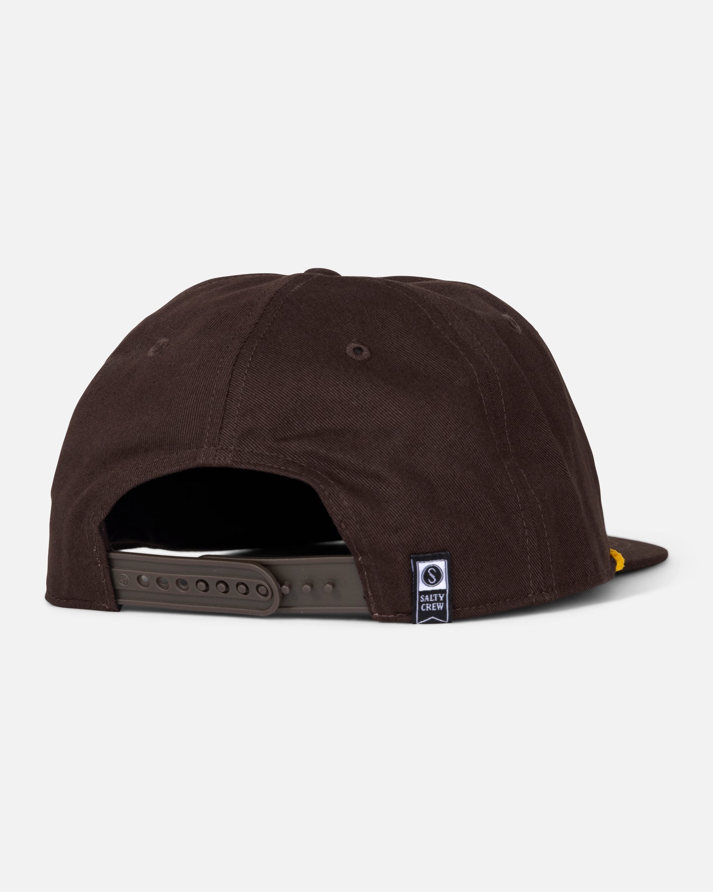 A brown Salty Crew Padres Tippet Hat seen from the back, featuring an adjustable strap and a small blue and white woven label near the opening—this limited edition cap draws inspiration from classic San Diego Padres hats.
