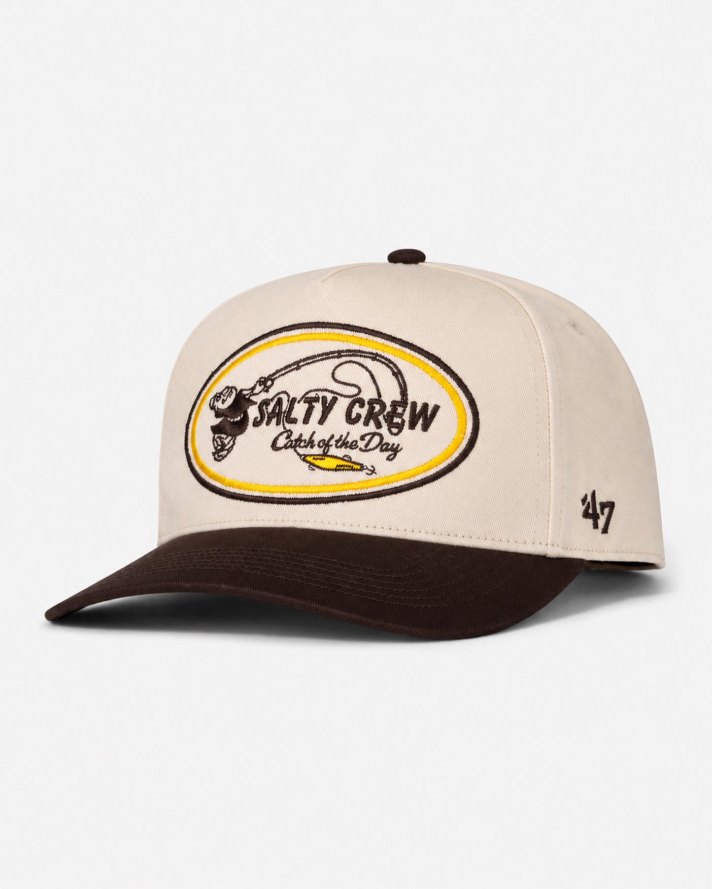 The Padres Swingin Friar Hat - Bone by Salty Crew features a stylish beige and brown design, highlighted by an oval patch on the front and the number ’47 stitched on the left side. This limited edition cap brings classic flair to your everyday look, making it a must-have for fans and collectors alike.